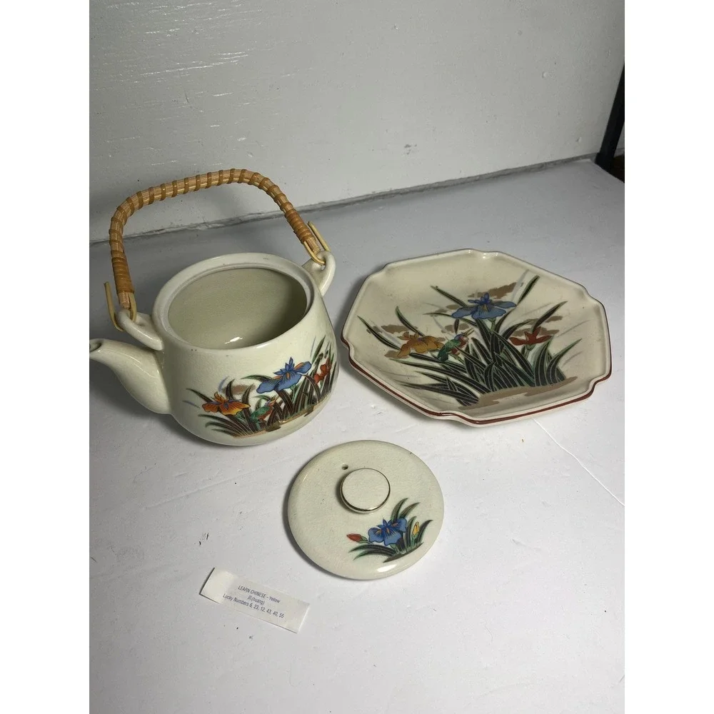 Vintage Hand Painted Floral Japanese Teapot with Plate